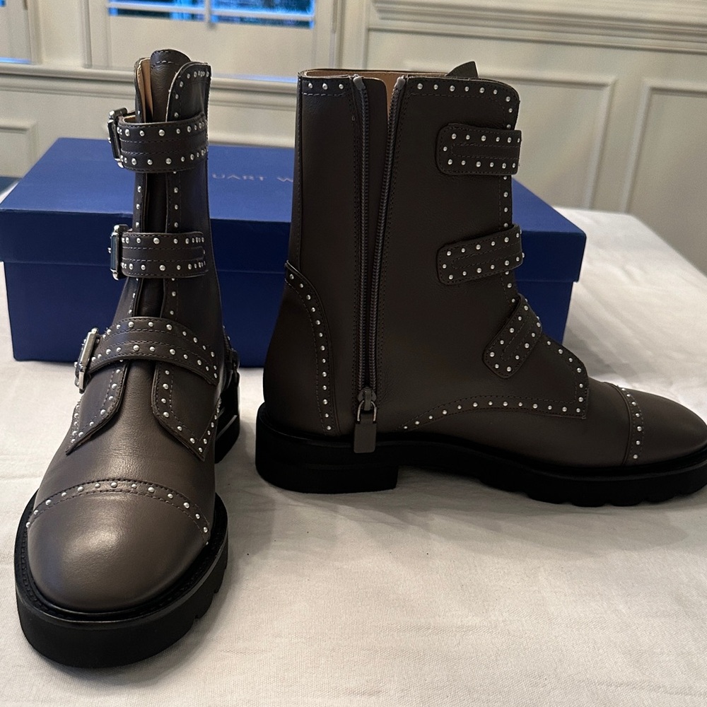 Stuart Weitzman Jesse Loft Studded Moto Boots - Picture 3 of 6